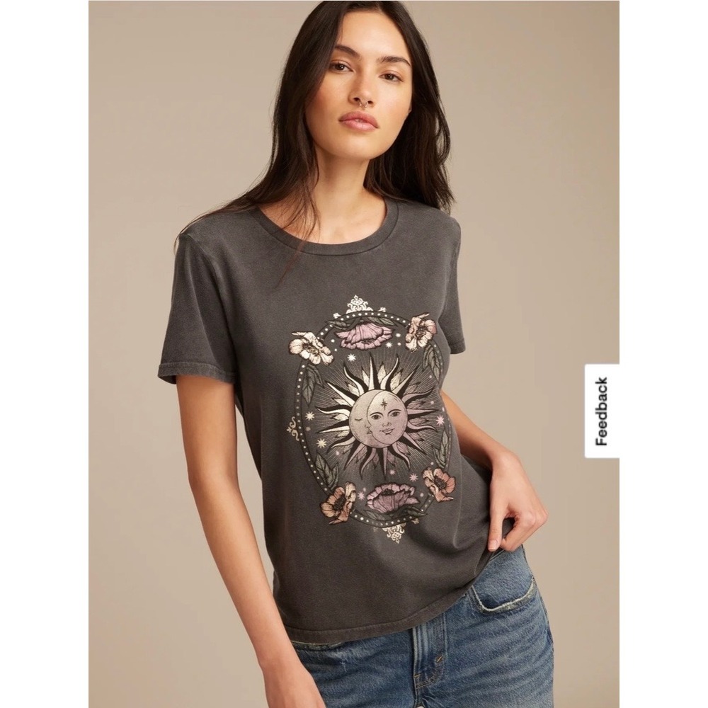 Lucky Brand Graphic Tee XL Charcoal Celestial Sun Moon Floral Whimsygoth Witchy